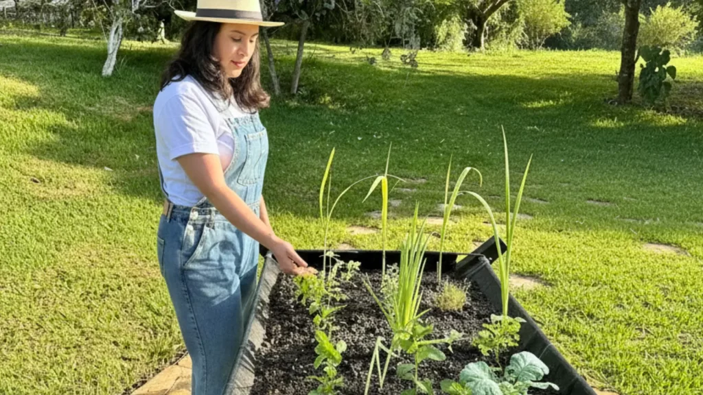 Mulher plantando temperos em horta vertical suspensa de alumínio.
