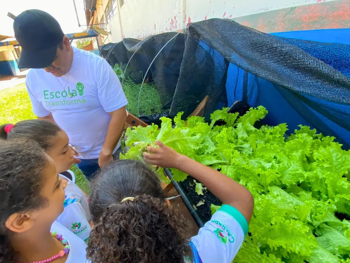 Projeto Jardim de Comer sendo aplicado em escola com montagem coletiva de horta suspensa de madeira.