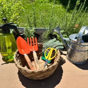 Acessórios para horta com horta vertical suspensa ao fundo incluindo regador borrifador luvas pá ancinho e tesoura de colheira em cesto de vime.