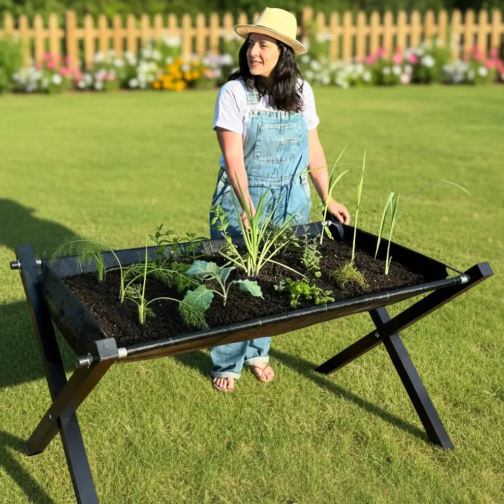Mulher de chapéu plantando temperos em horta suspensa de alumínio, em um gramado bonito de um condomínio num dia de sol.