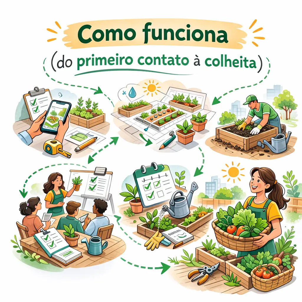 Capa “Infográfico ‘Como funciona (do primeiro contato à colheita)’ com ilustrações das etapas do projeto de horta e setas indicando o fluxo até a colheita.”