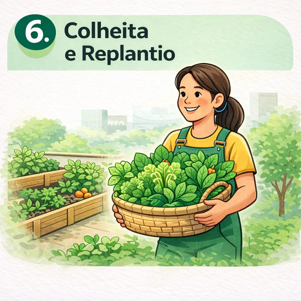 Passo 6 — Colheita e replantio “Etapa 6: Colheita e replantio. Mulher segurando cesta com verduras, simbolizando colheita e continuidade do cultivo.”