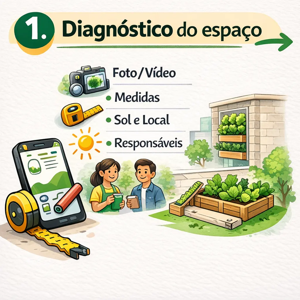 Passo 1 — Diagnóstico do espaço “Etapa 1: Diagnóstico do espaço. Ícones de foto/vídeo, fita métrica, sol e pessoas responsáveis, com ilustração de registro do local para planejar a horta.”