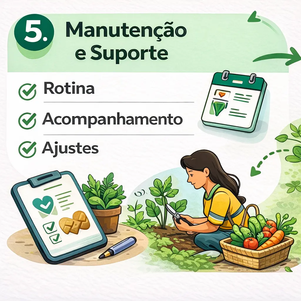 Passo 5 — Manutenção e suporte “Etapa 5: Manutenção e suporte. Checklist com rotina, acompanhamento e ajustes, com ilustração de cuidados contínuos com a horta.”