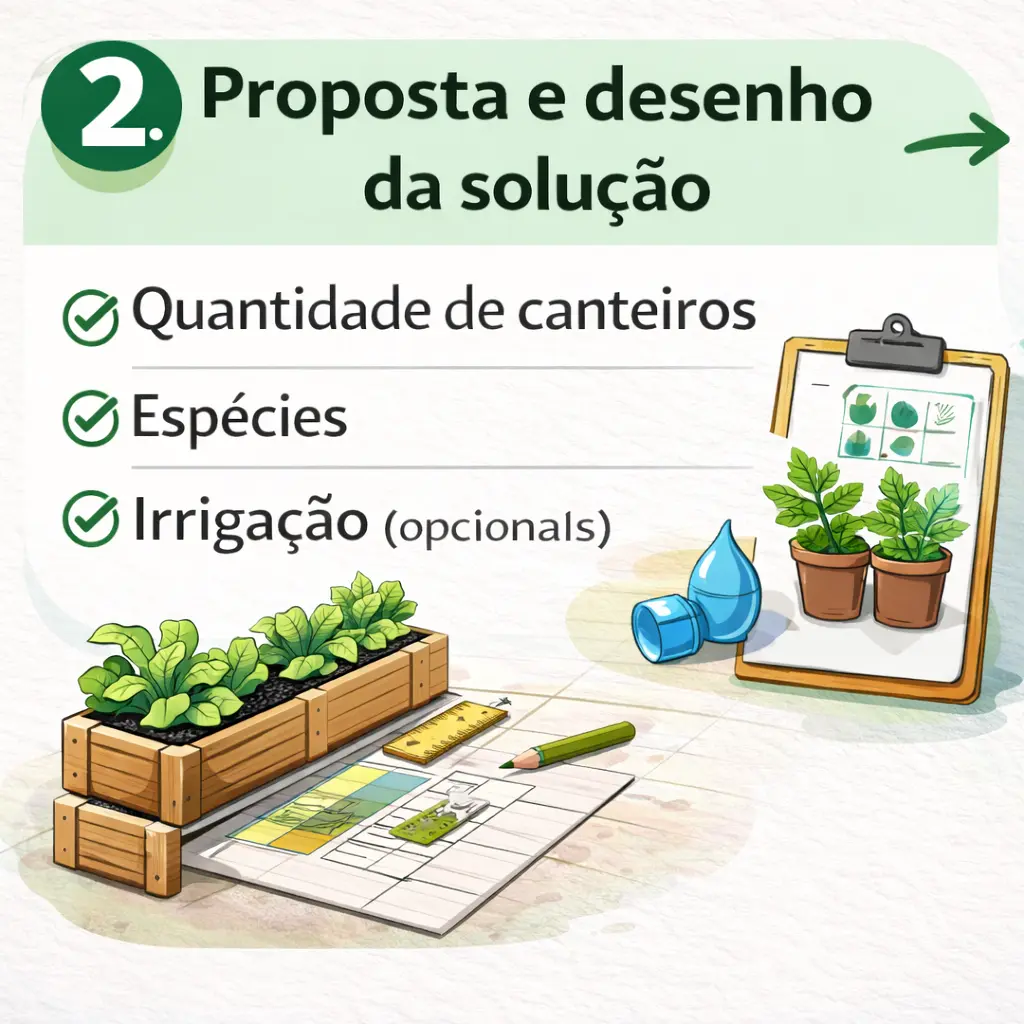 Passo 2 — Proposta e desenho da solução “Etapa 2: Proposta e desenho da solução. Checklist com quantidade de canteiros, espécies e irrigação opcional, com ilustração de planejamento e canteiros.”
