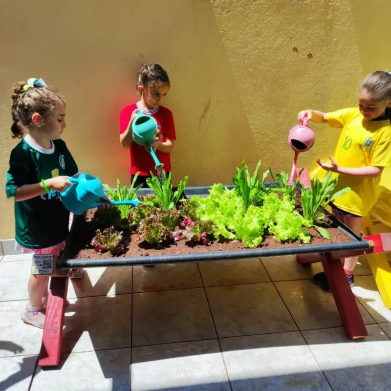 Crianças regando horta escolar em canteiro elevado, hortaliças e alfaces sendo irrigadas com regadores.