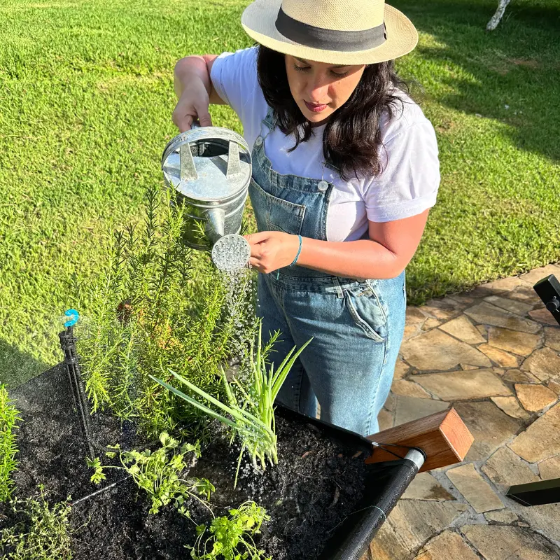 Mulher regando um cantinho de ervas e temperos com regador metálico, em cena de cuidado e manutenção simples.