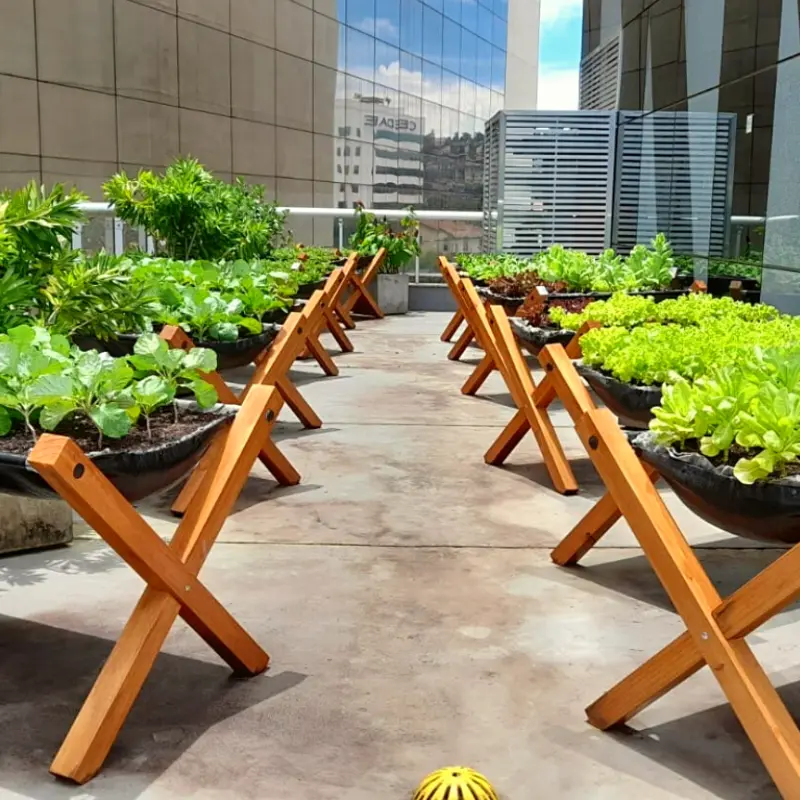 Conjunto de cantinhos de ervas e temperos em terraço corporativo, trazendo verde, frescor e funcionalidade ao espaço.