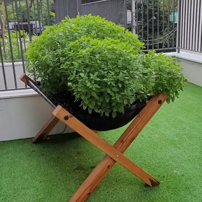 Cantinho de ervas e temperos com folhagem abundante sobre grama sintética, em varanda ou área externa de condomínio.