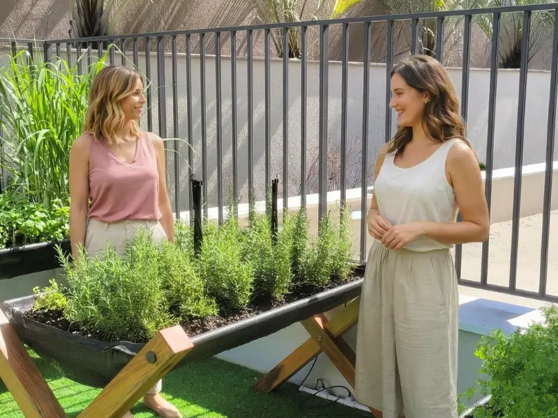 Mulheres conversando em cantinho de ervas e temperos, em uma área externa em um dia ensolarado.