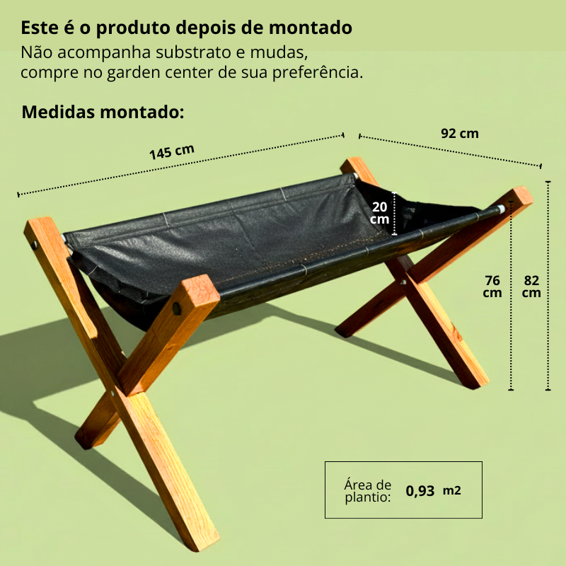 Horta Suspensa Jardim de Comer: Imagem que demonstra em esquema medidas do produto montado.