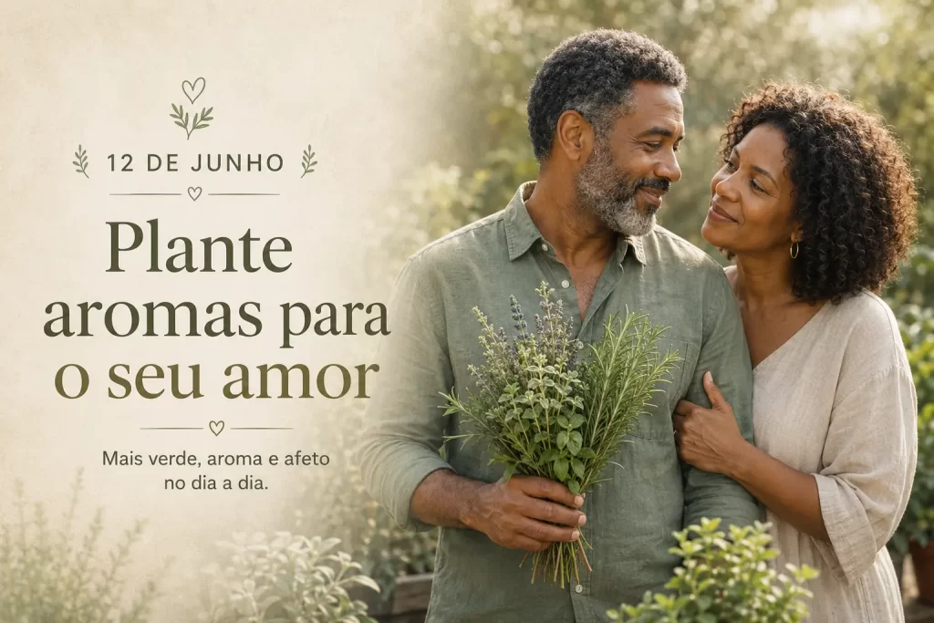 Em uma cena de afeto, um casal de namorados experimenta o aroma de temperos frescos. A mensagem sugere um presente com significado para o dia dos namorados.