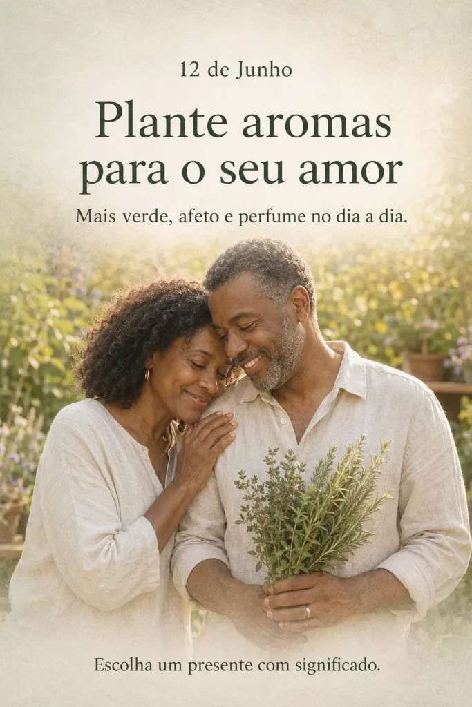 Em uma cena de afeto, um casal de namorados experimenta o aroma de temperos frescos. A mensagem sugere um presente com significado para o dia dos namorados.